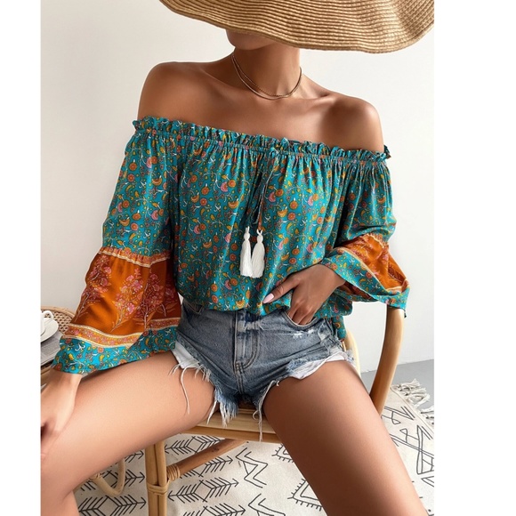 Off Shoulder Floral Print Tassel Ties Relaxed Fit Flared Sleeve Top - Picture 2 of 7